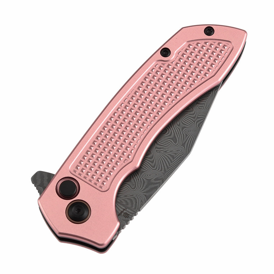 TENABLE KNIVES Entity Button Lock Flipper Knife - 3.52'' Water Ripple Damascus Blade| Rose Gold Aluminum Handle| Nalu Knives - B1036F4