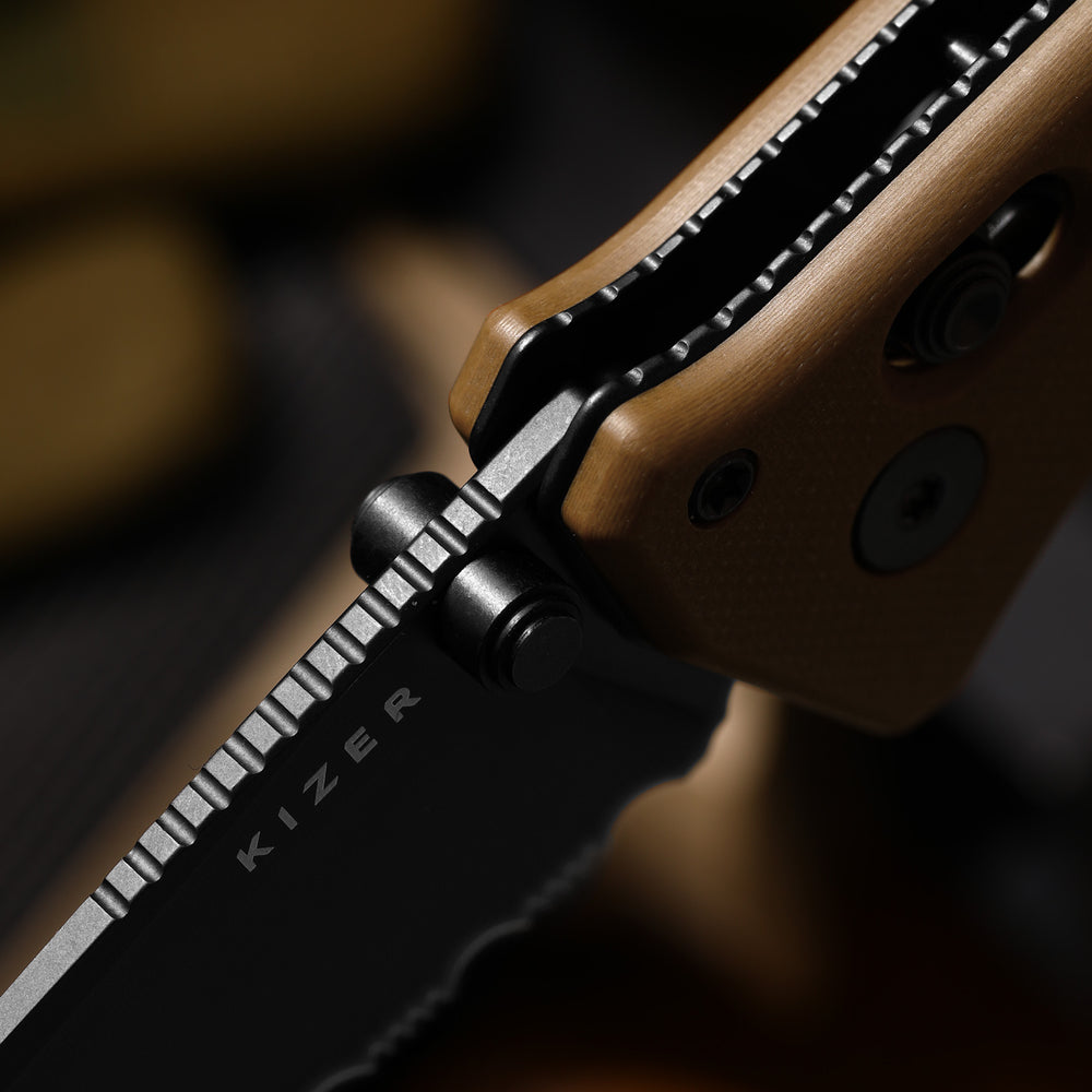 KIZER CUTLERY Aegis T | Serrated AEB-L Blade | G10 | Rescue Hook & Glass Breaker