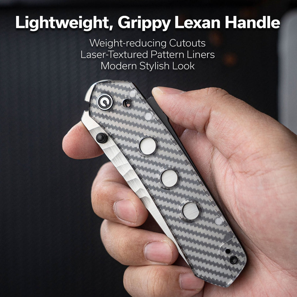 CIVIVI Vision FG Thumb Stud & Superlock Knife Polished Clear Lexan Handle (3.54" Satin Finished Nitro-V Blade With Rock-Grind Pattern) C22036-8
