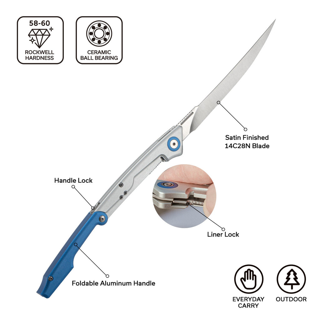 CIVIVI Shawka Folding Fillet Knife Aluminum Handle (5.81" 14C28N Blade) C22029B-2, With 1PC Black Nylon Sheath