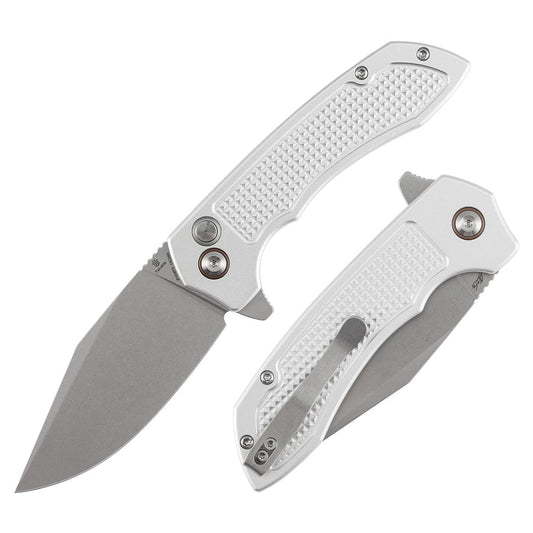 TENABLE KNIVES Entity Button Lock Folding Knife - 3.52'' Stonewashed 14C28N Blade| Silver Aluminum Handle| Nalu Knives - B1036F3
