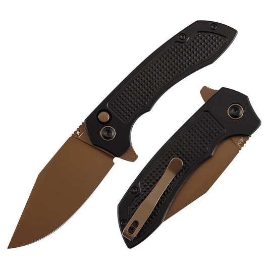 TENABLE KNIVES Entity Button Lock Folding Knife - 3.52'' Rose Gold 14C28N Blade| Black Aluminum Handle| Nalu Knives - B1036F1