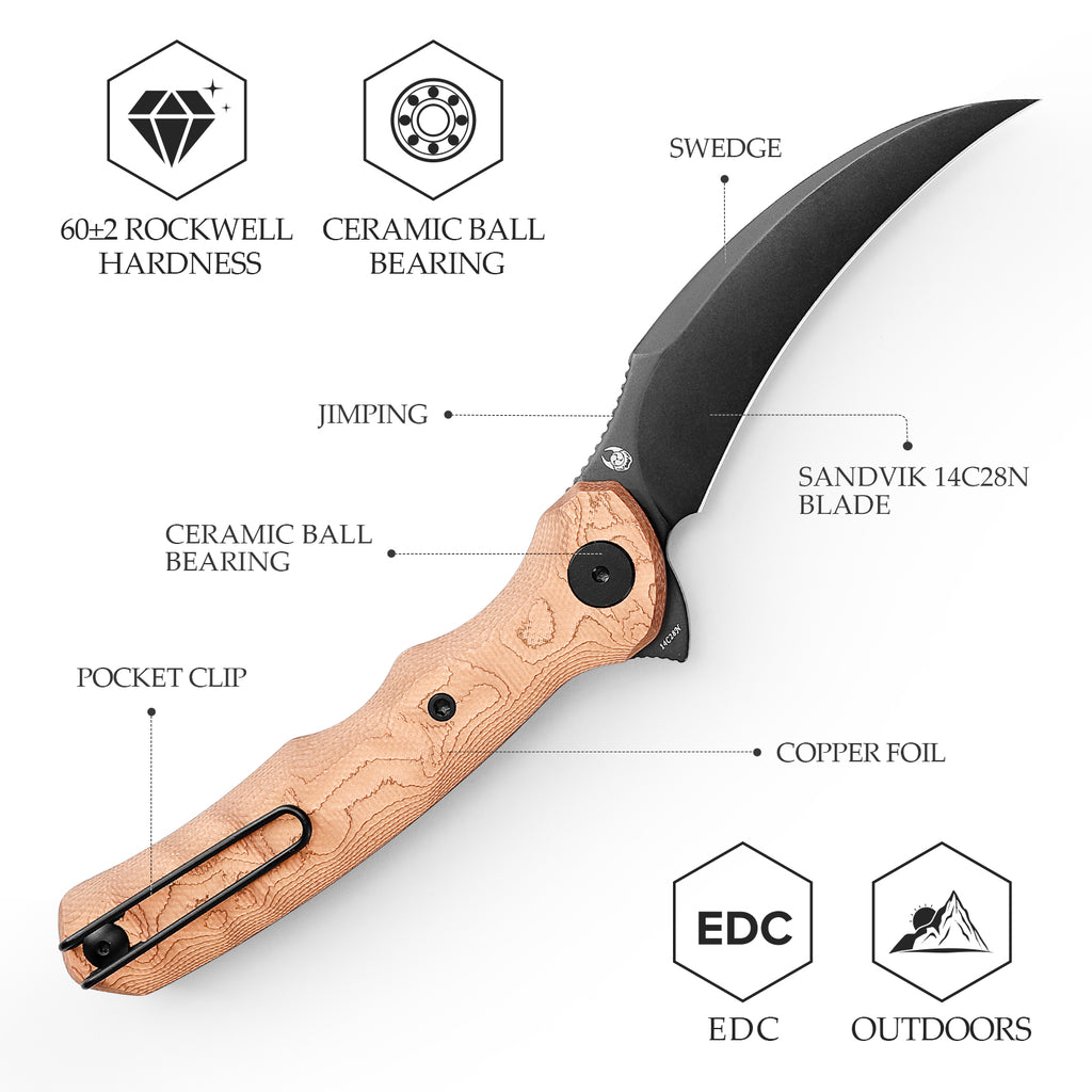 TRIVISA Lacerta-CU Liner Lock EDC Folding Pocket Knife 3.34'' 14C28N Steel Blade,Copper Foil Handle,Tiguass Design