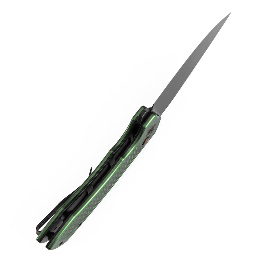 TENABLE KNIVES Entity Button Lock Folding Knife - 3.52'' Blackwash 14C28N Blade | Dark Green Aluminum Handle| Nalu Knives - B1036F2