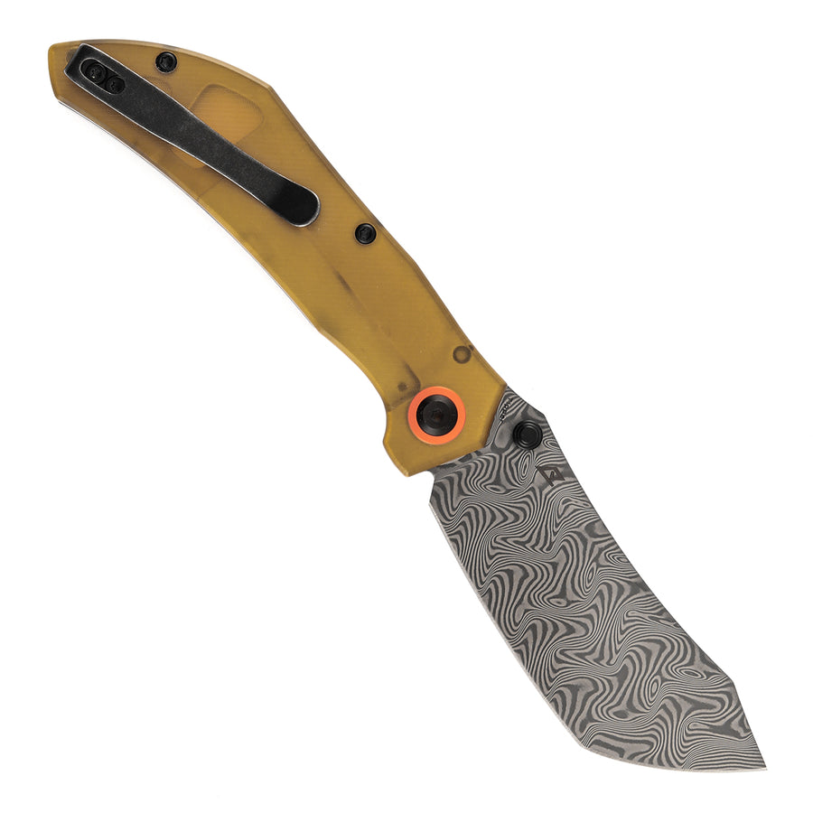 Tenable Tipper Folding Knife | 3.39'' Water Ripple Damascus Blade | Amber PEI Handle | Edgy Bladeworks Design | B1079A5