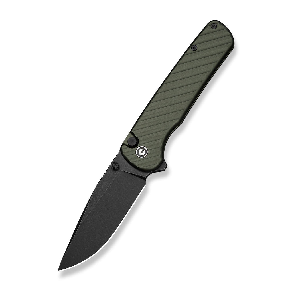 CIVIVI Iron Tide Flipper & Thumb Stud & Button Lock Knife Forest Green Aluminum Handle (3.24" Black Stonewashed 14C28N Blade) C25011-2