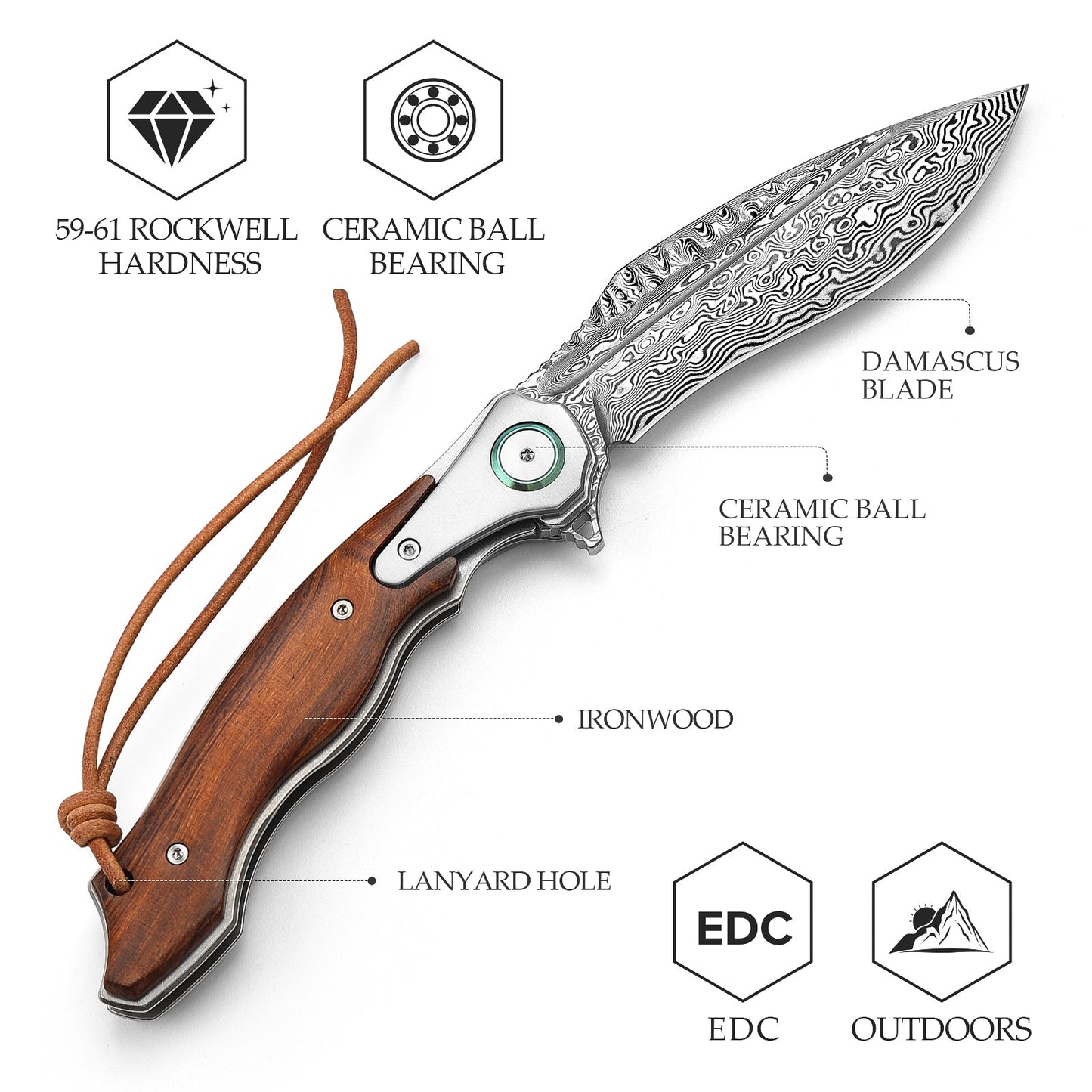 TRIVISA Lepus-01 Liner Lock，4.09'' 110 Layesrs Damascus Steel Blade，Titanium Bolster & Ironwood Handle