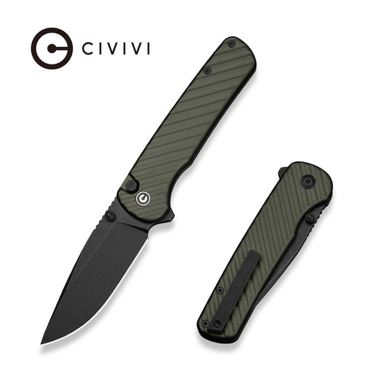 CIVIVI Iron Tide Flipper & Thumb Stud & Button Lock Knife Forest Green Aluminum Handle (3.24" Black Stonewashed 14C28N Blade) C25011-2