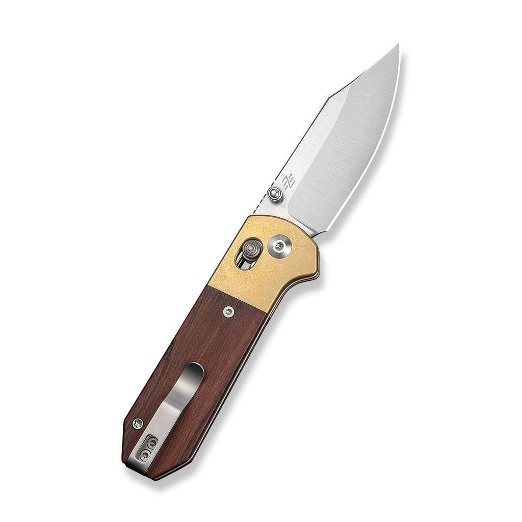 CIVIVI Yonder Clip Point Thumb Stud & Crossbar Lock Knife Guibourtia Wood Handle And Stonewashed Brass Bolsters (2.88" Satin Finished 14C28N Blade) C25026-1