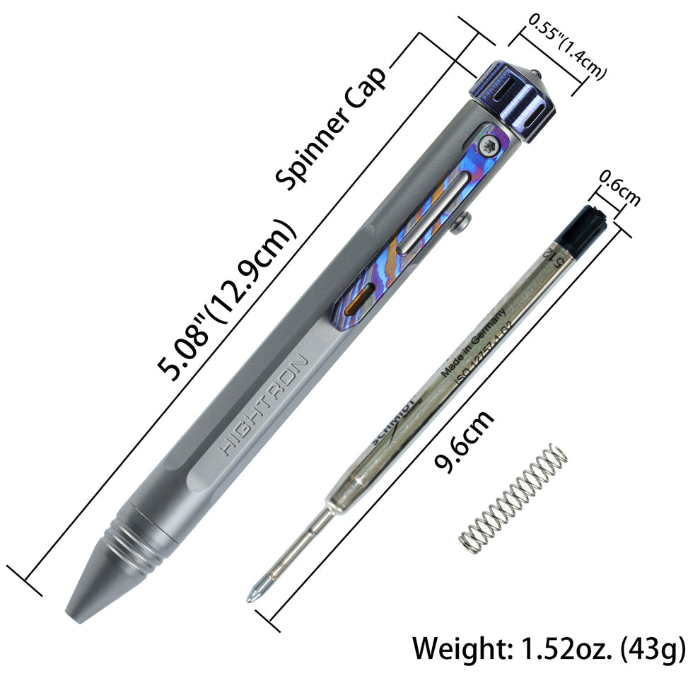 Hightron Vortron Titanium Pen, Gray Titanium with Zirconium Damascus Spinner & Clip