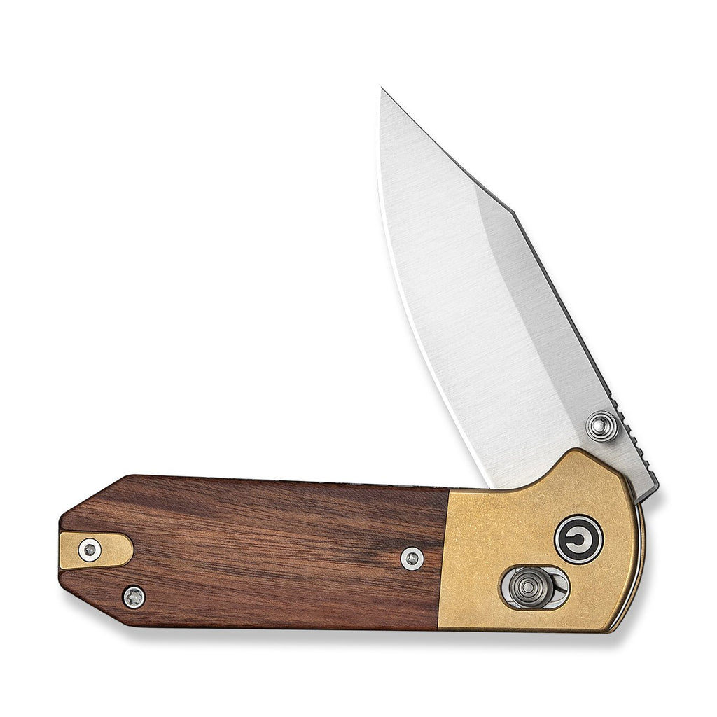 CIVIVI Yonder Clip Point Thumb Stud & Crossbar Lock Knife Guibourtia Wood Handle And Stonewashed Brass Bolsters (2.88" Satin Finished 14C28N Blade) C25026-1