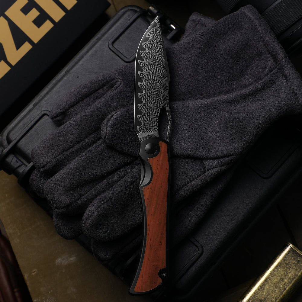 KIZER CUTLERY Allure | Acid Washed Damascus | Titanium & Panama Rosewood
