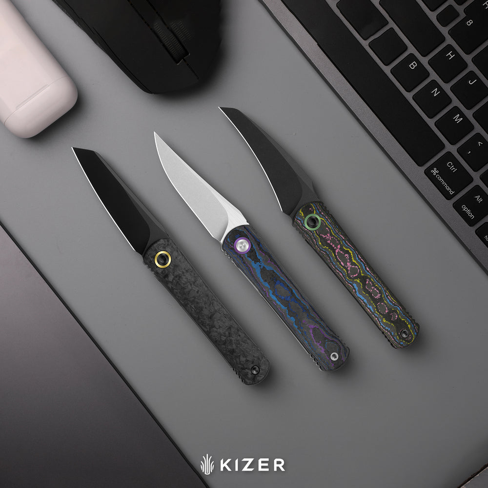 KIZER CUTLERY Feist 3 | CPM S90V + Matte DLC Ultra | Reverse Tanto | Titanium (Matte DLC Ultra) & Carbon Fiber | KizerX™ 3499.3A1
