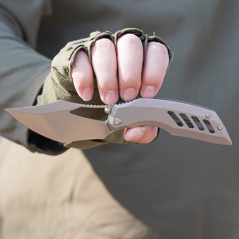 ArtisanCutlery Dark Wing Thumb Hole & Front Flipper Frame Lock EDC Knife Titanium Handle(3.63'' S35VN Stone Wash Blade ) 1887G-GY