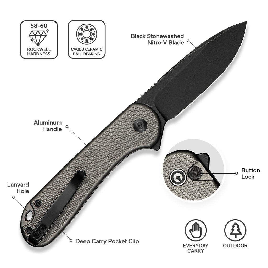 CIVIVI Button Lock Elementum II Flipper Knife Aluminum Handle (2.96" Nitro-V Blade) C18062PD-1