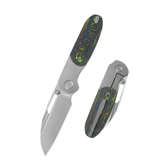 KB Icicle Pocket Folding Knife Frame Lock Sandblast Titanium with 80's Camo Carbon Inlays 3.50" Belt Satin Elmax Blade KB432A