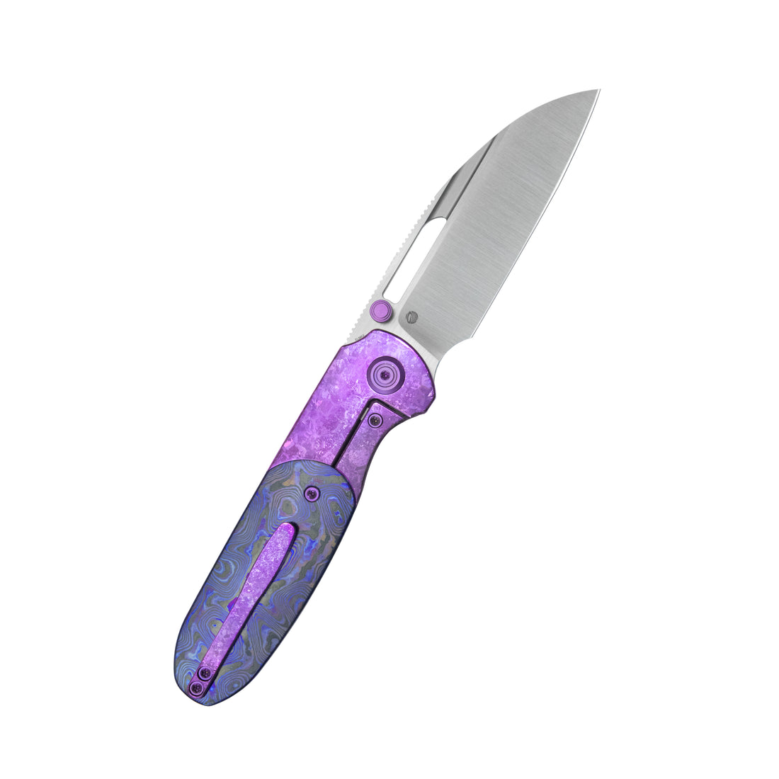 KB Icicle Pocket Folding Knife Frame Lock Purple Crystallized Titanium with Zircuti Inlays 3.50" Belt Satin Elmax Blade KB432D