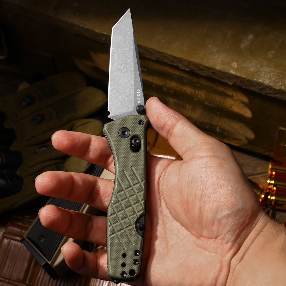 KIZER CUTLERY Aegis T | AEB-L | Green G10 | Rescue Hook & Glass Breaker