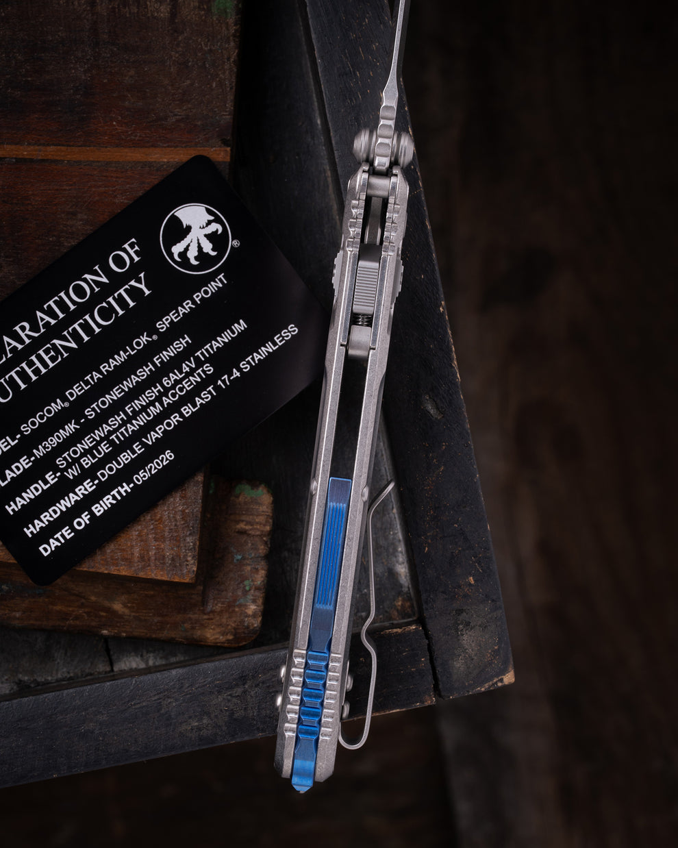 Microtech Gear SOCOM® DELTA RAM-LOK® SPEAR POINT MARFIONE SELECT STONEWASH FINISH STONEWASH FINISH TITANIUM W/ BLUE TITANIUM ACCENTS DOUBLE VAPOR BLAST STAINLESS (159RL-10SMS3)