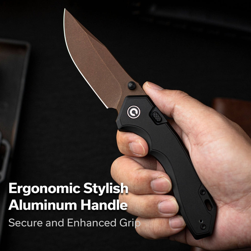 CIVIVI ELITE Brova Thumb Stud & Top Liner Lock Knife Black Aluminum Handle (3.41" Dark Brown Stonewashed CPM S35VN Blade) CE25093-2
