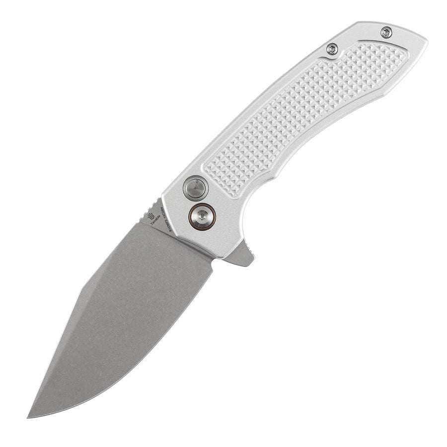 TENABLE KNIVES Entity Button Lock Folding Knife - 3.52'' Stonewashed 14C28N Blade| Silver Aluminum Handle| Nalu Knives - B1036F3