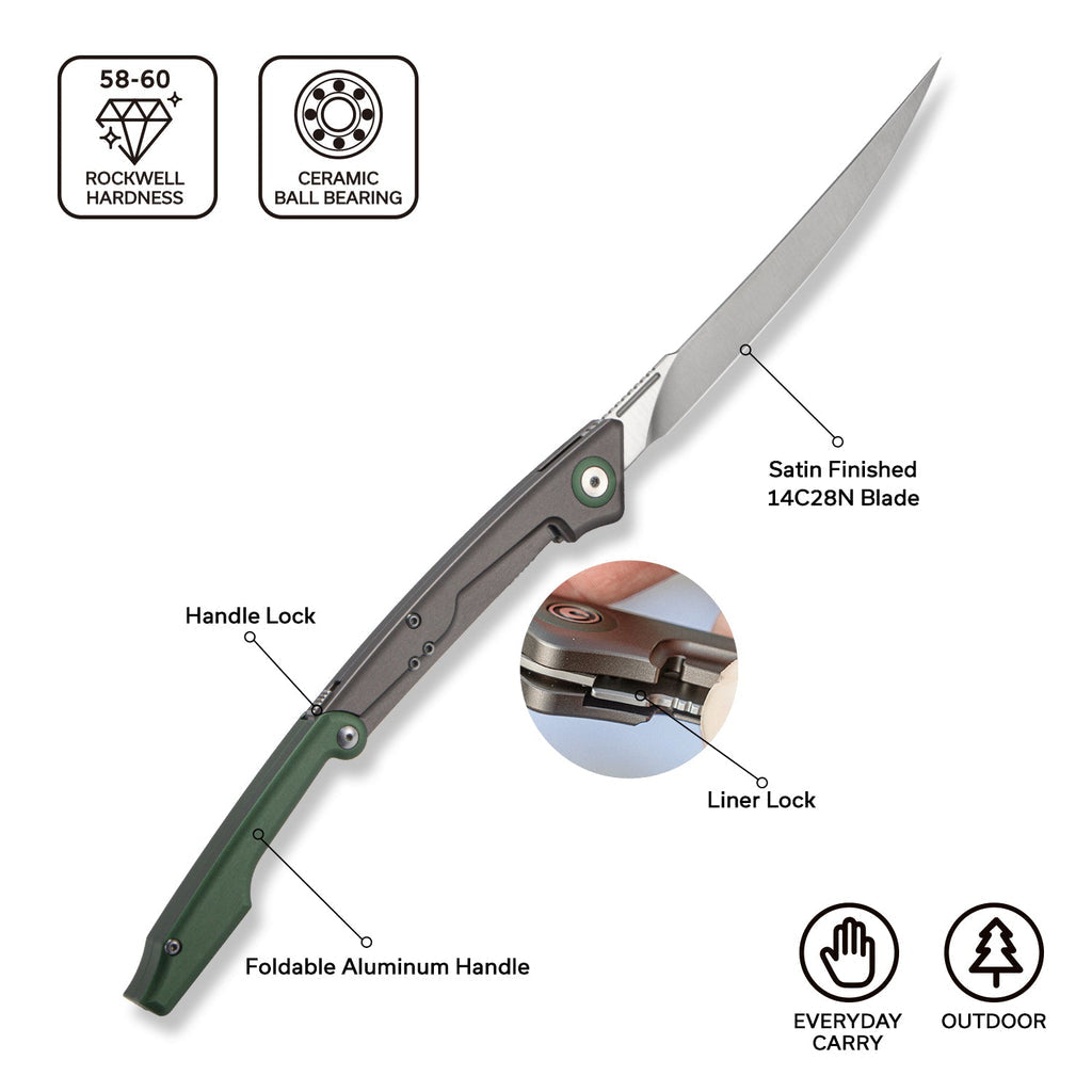 CIVIVI Shawka Folding Fillet Knife Aluminum Handle (5.81" 14C28N Blade) C22029B-3, With 1PC Black Nylon Sheath