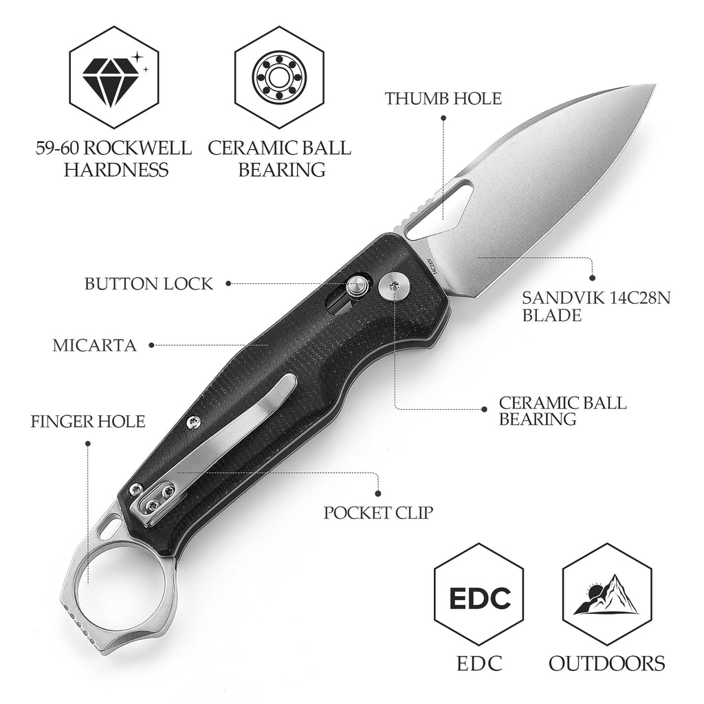 TRIVISA Sagitta-04B,Axis Lock Folding Pocket Knife,2.95" 14C28N Steel,Black Micarta Handle
