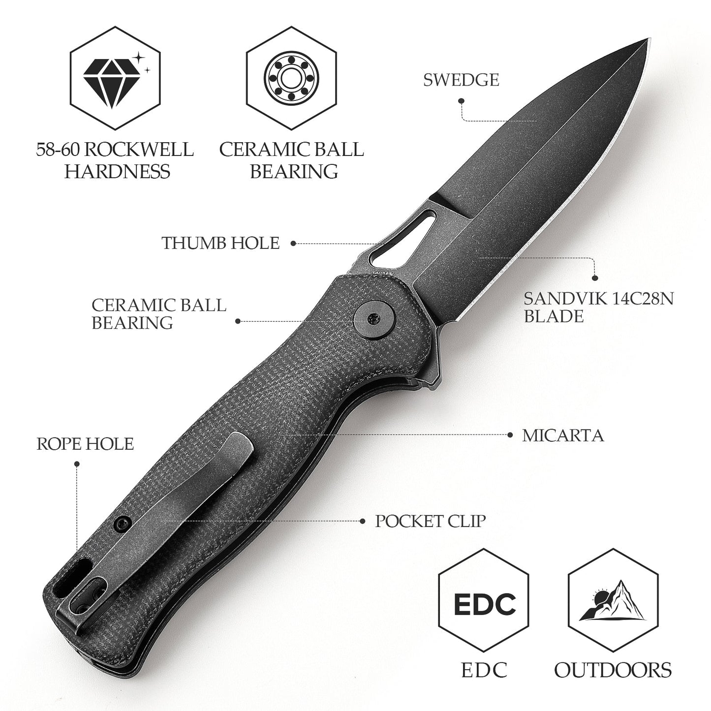 TRIVISA Crateris-04B Button Lock Folding Pocket Knife,3.38" 14C28N Steel,Micarta Handle
