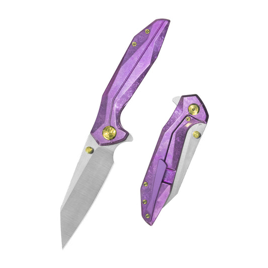 KB Nova Reverse Tanto Frame Locking Folding Knife Purple Crystallized Titanium Handle 3.66" Belt Satin M390 Blade KB495F
