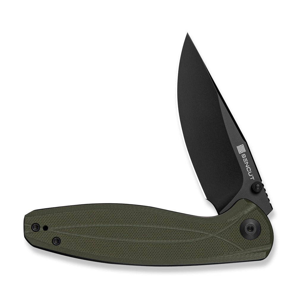 SENCUT Vyrce Flipper & Thumb Stud Knife OD Green G10 Handle (3.49" Black D2 Blade) S25104-1