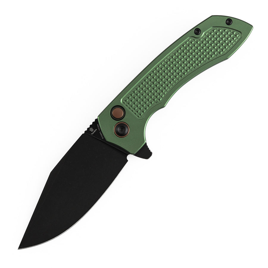 TENABLE KNIVES Entity Button Lock Folding Knife - 3.52'' Blackwash 14C28N Blade | Dark Green Aluminum Handle| Nalu Knives - B1036F2