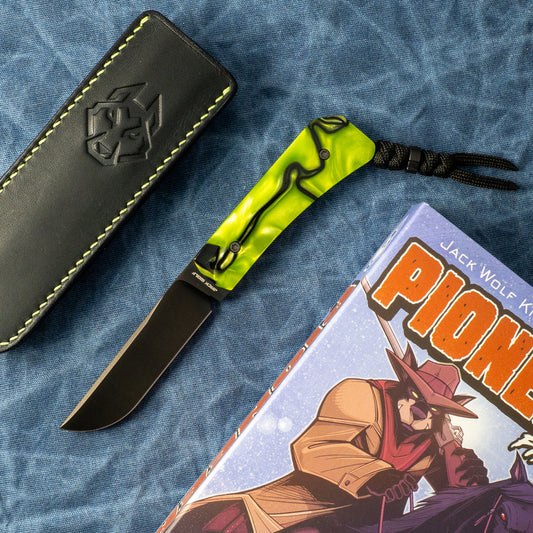 JACK WOLF KNIVES PIONEER FIXEDC - KIRINITE TOXIC GREEN BELT SATIN DLC
