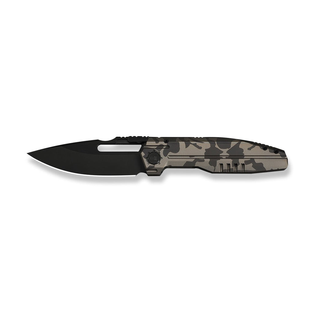 WEKNIFE Reveille Thumb Hole & Thumb Stud Knife Desert Terrain Titanium Handle (3.83" Black Stonewashed Bevels, Black Brushed Flats Bohler M390 Blade) WE23057-3