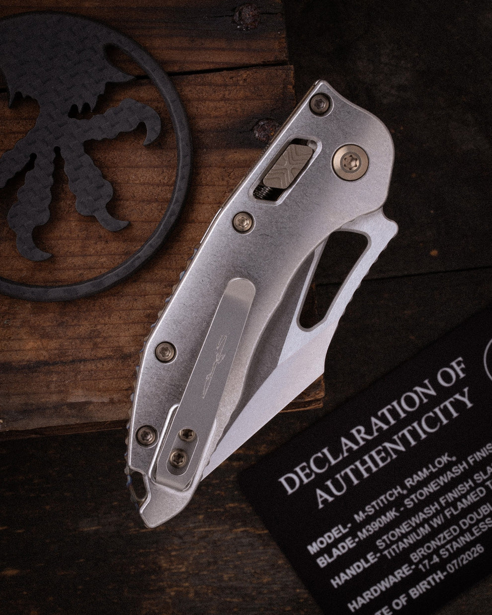 Microtech Gear M-Stitch® RAM-LOK® MARFIONE SELECT STONEWASH FINISH SLAB SIDE TITANIUM WITH FLAMED TITANIUM ACCENT BRONZED DOUBLE VAPOR BLAST STAINLESS (169MRL-10MS4)