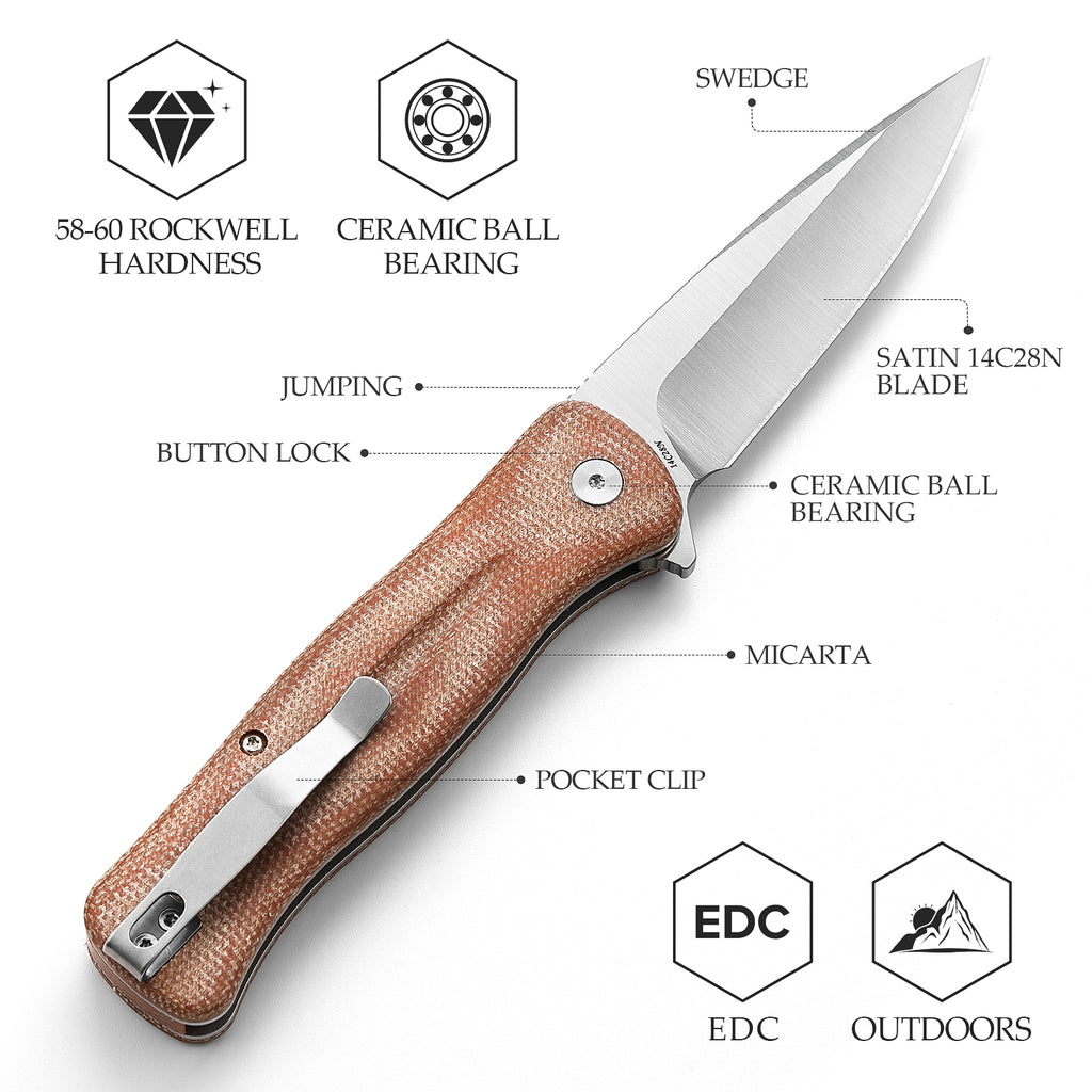 TRIVISA Dor-04Br Button Lock,3.66" 14C28N Steel,Micarta Handle