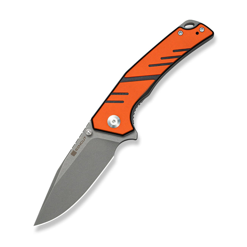 SENCUT Quirk Flipper & Thumb Stud Knife Orange & Black G10 Handle (3.41" Gray Stonewashed D2 Blade) S25099-1