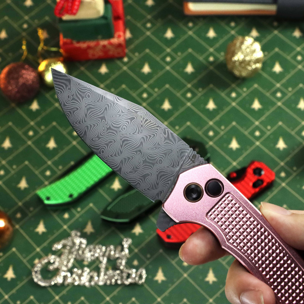 TENABLE KNIVES Entity Button Lock Flipper Knife - 3.52'' Water Ripple Damascus Blade| Rose Gold Aluminum Handle| Nalu Knives - B1036F4