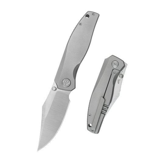 KB Classico Frame Locking Folding Knife Gray Sandblast Titanium Handle 3.38" Belt Satin M390 Blade KB478A