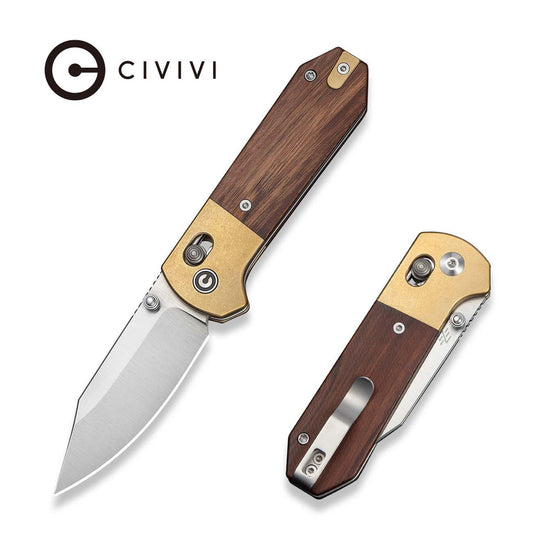 CIVIVI Yonder Clip Point Thumb Stud & Crossbar Lock Knife Guibourtia Wood Handle And Stonewashed Brass Bolsters (2.88" Satin Finished 14C28N Blade) C25026-1