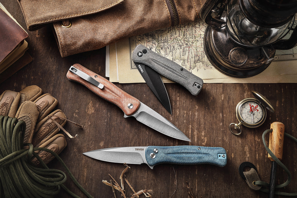 TRIVISA Dor-04Br Button Lock,3.66" 14C28N Steel,Micarta Handle