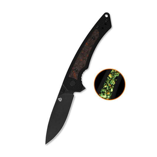 QSP Peregrine Liner Lock Pocket Knife 10Cr15MoV blade Black G10 with Glow-in-the-Dark Orange Shredded CF inlay handle