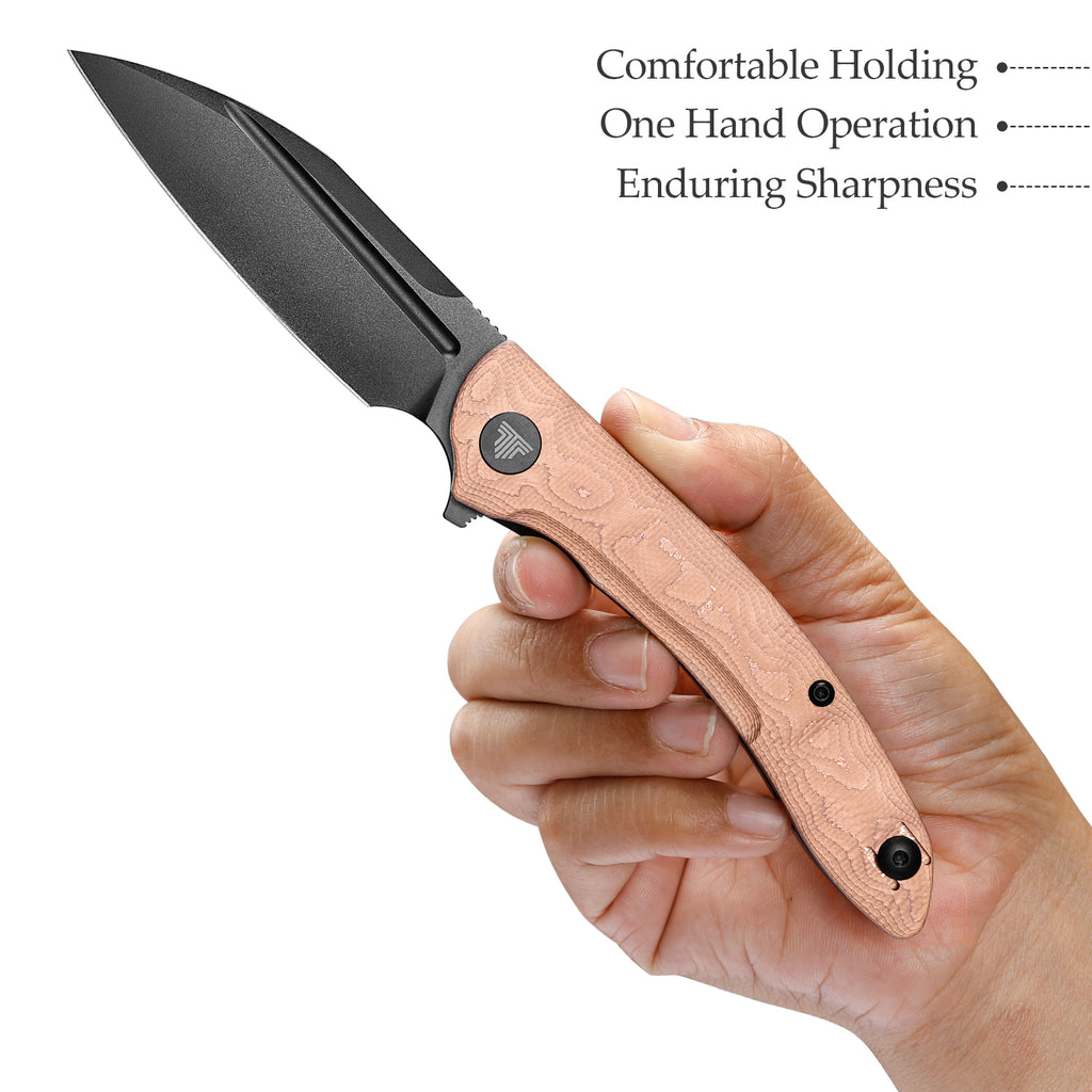 TRIVISA Cuckoo-CU Liner Lock EDC Folding Pocket Knife 3.37'' 14C28N Steel Blade,Copper Foil Handle