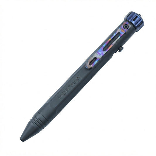 Hightron Vortron Titanium Pen, Black Coated Titanium with Zirconium Damascus Spinner & Clip