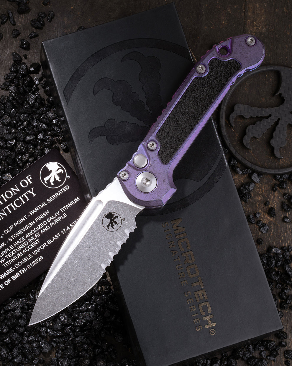 MICROTECH L.U.D.T – CLIP POINT PARTIAL SERRATED MARFIONE SELECT STONEWASH FINISH PURPLE HAZE ANODIZED TITANIUM W/TEXTURED INLAY AND PURPLE TITANIUM ACCENT DOUBLE VAPOR BLAST STAINLESS