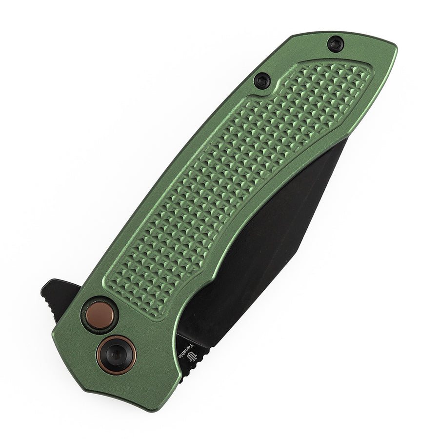 TENABLE KNIVES Entity Button Lock Folding Knife - 3.52'' Blackwash 14C28N Blade | Dark Green Aluminum Handle| Nalu Knives - B1036F2
