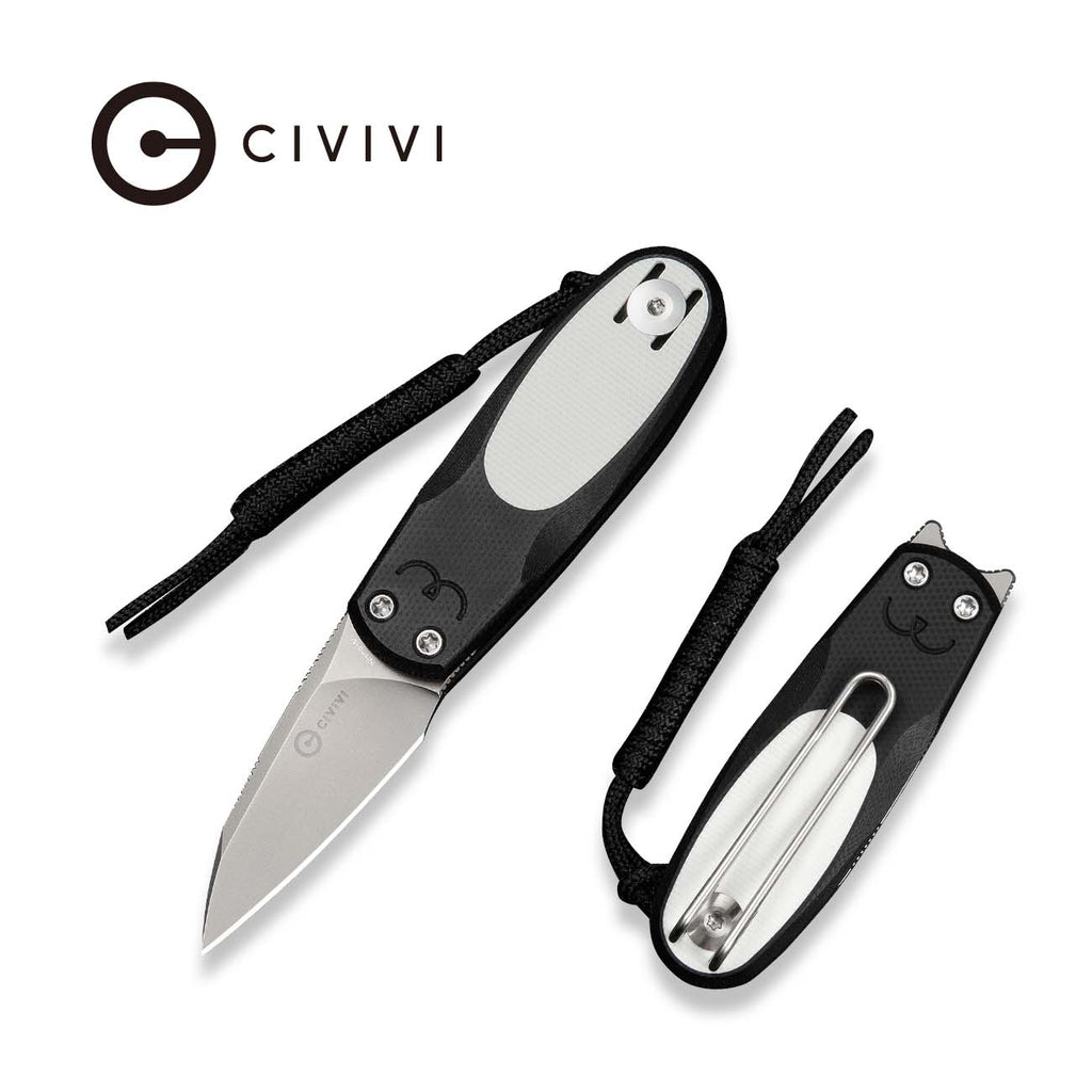 CIVIVI Purr Flipper & Slip Joint Knife Black & White G10 Handle (1.83" Stonewashed Nitro-V Blade) C25054-2, With 1PC Black Lanyard