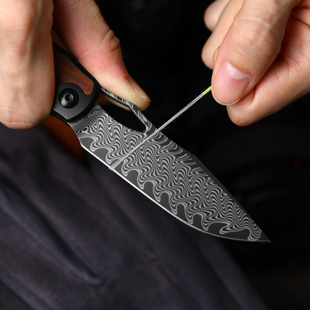 KIZER CUTLERY Allure | Acid Washed Damascus | Titanium & Panama Rosewood