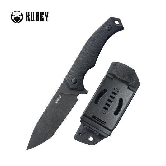 KUBEY Swordfish Outdoor Fixed Blade Knife Black G10 Handle 4.1" Blackwash AUS-10 KU184F