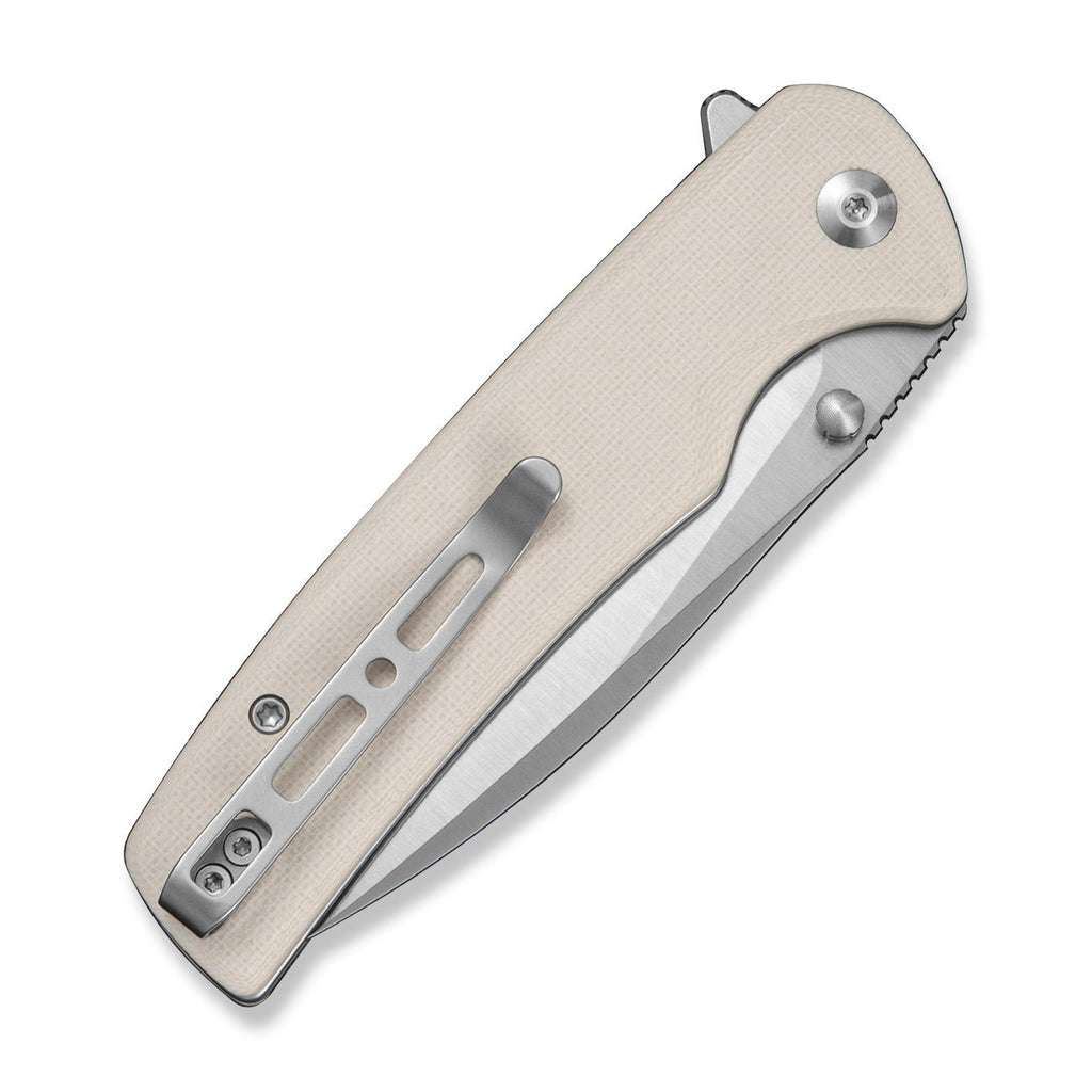 SENCUT Sachse Flipper & Button Lock & Thumb Stud Knife Ivory G10 Handle (3.47" Satin Finished 9Cr18MoV Blade) S21007-7