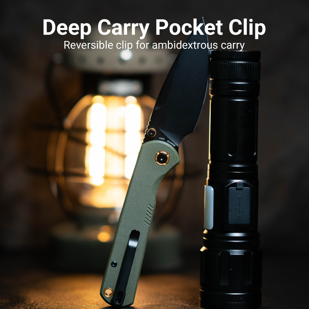 CJRB Latitude Thumb Stud & Top Liner Lock EDC Knife Green G10 Handle(3.47'' AR-RPM9 Steel Black PVD Coating Blade) J1975-BGN